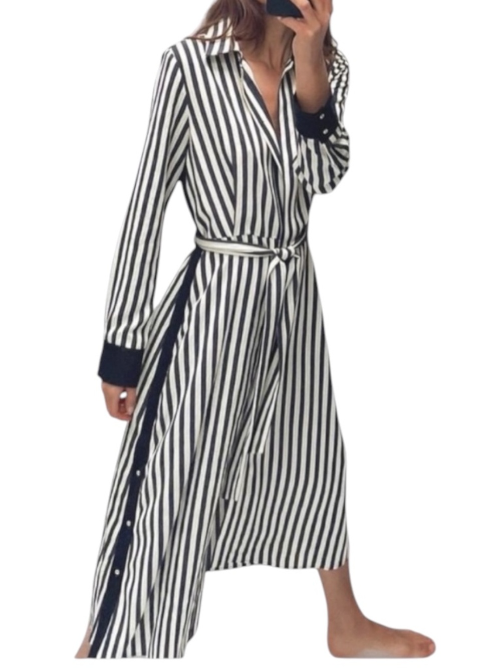 Zara Striped Midi Shirt Dress Long Belted Navy Cream Women's S Nautical Preppy